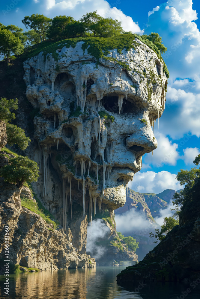 A large rock face on top of a mountain next to a body of water A large rock face on top of a mountain next to a body of water