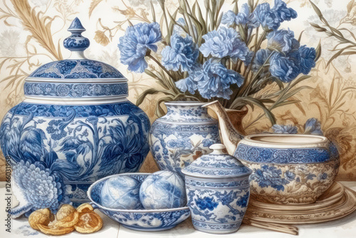 various porcelain vessels with blue patterns, including large and small vases, a jug and cups. 