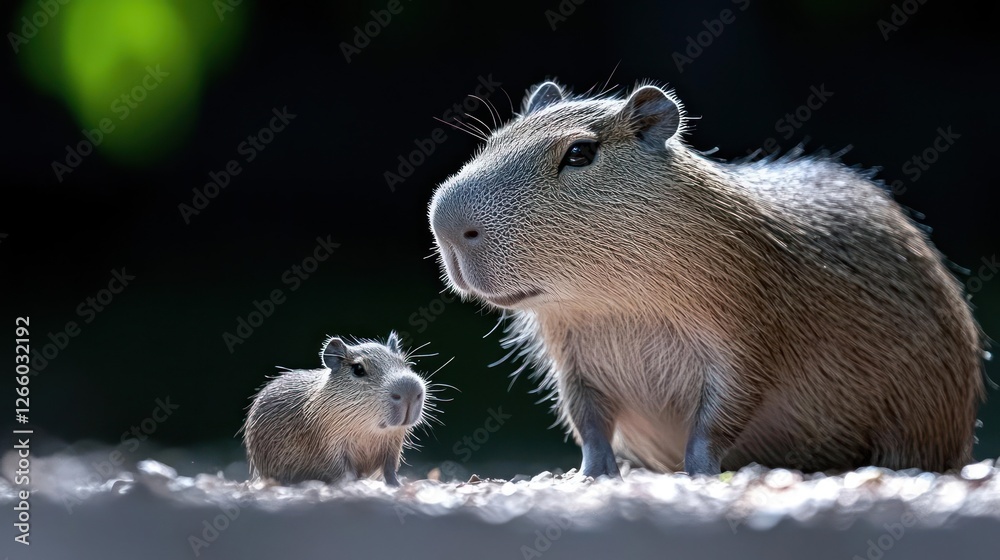 Capybara And Baby With Water Droplets In Dark Background Capybara And Baby With Water Droplets In Dark Background