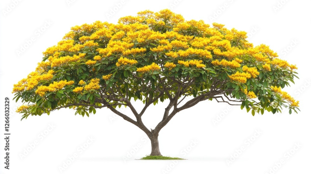 A graceful kadamba tree with a straight trunk and spherical golden flowers, isolated on a white background. No people, no text. A graceful kadamba tree with a straight trunk and spherical golden flowers, isolated on a white background. No people, no text.