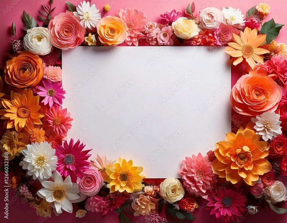 Fototapeta premium Colorful floral frame with blank center for creative design projects and invitations, mockup