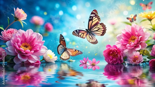 Pink Flowers, Butterflies, Water, Blue Background - Dreamy Floral Stock Photo