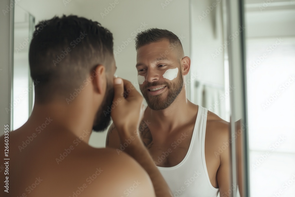 Fototapeta premium Confident man applying skincare cream in modern bathroom mirror reflection, emphasizing self-care and grooming routine