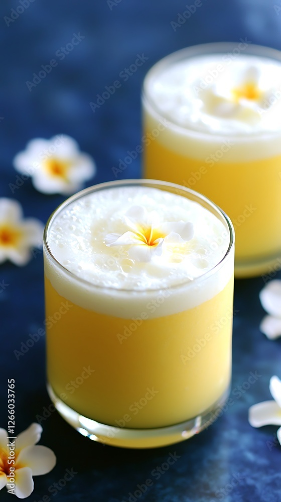 Frothy tropical smoothie with layers of guava passion fruit and papaya garnished with tropical flowers Frothy tropical smoothie with layers of guava passion fruit and papaya garnished with tropical flowers