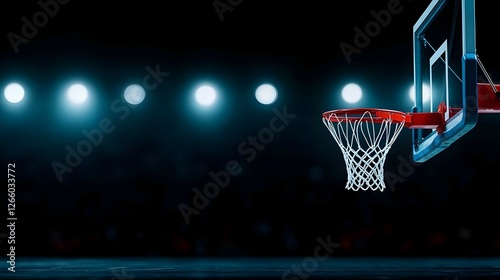 Basketball Hoop In Dark Arena With Bright Lights