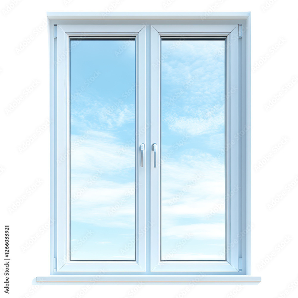 Isolated Double White Window Frame, View to Clear Blue Sky Isolated Double White Window Frame, View to Clear Blue Sky