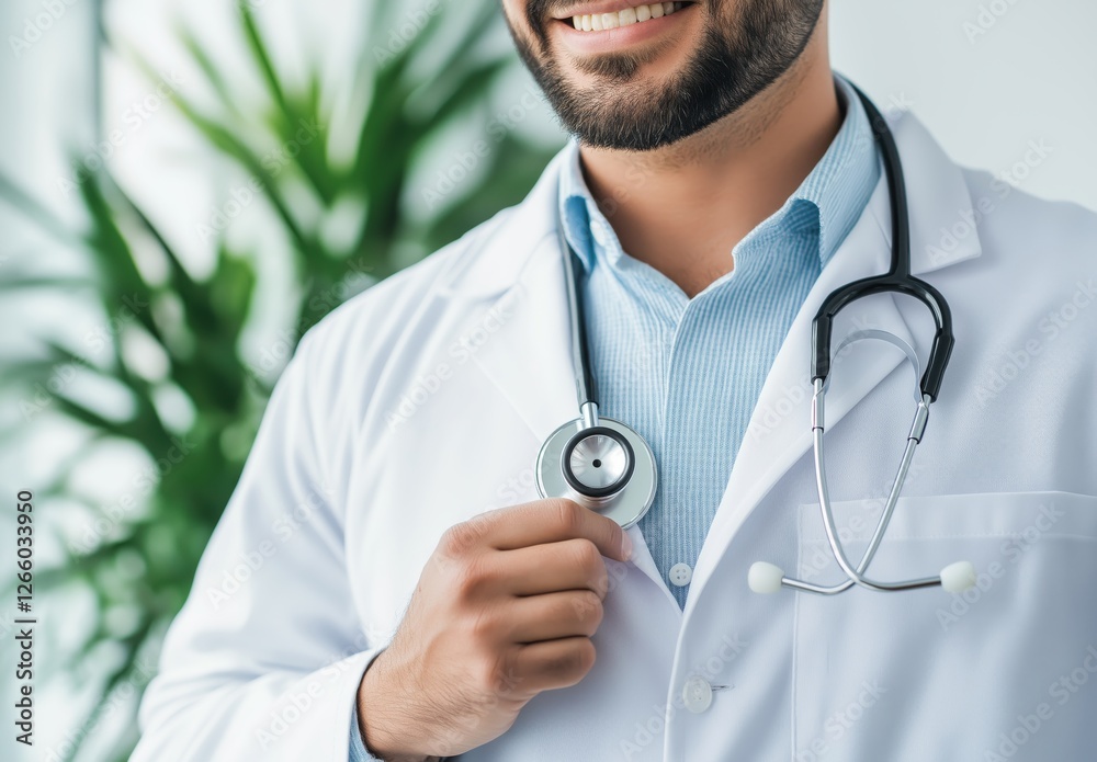 Confident male doctor in lab coat with stethoscope in modern medical office surrounded by greenery, emphasizing healthcare professionalism Confident male doctor in lab coat with stethoscope in modern medical office surrounded by greenery, emphasizing healthcare professionalism