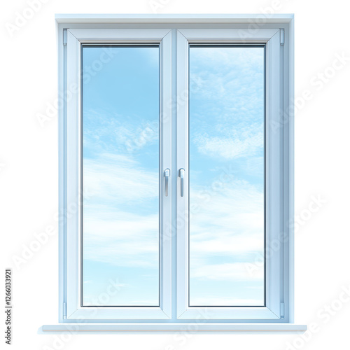 Isolated Double White Window Frame, View to Clear Blue Sky photo