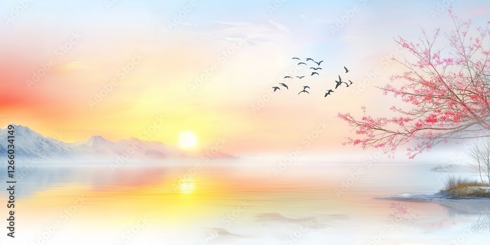 Flock of birds flying over misty lake at sunrise, with snowy mountains in the background and pink blossom tree in the foreground, creating a serene and beautiful spring scene Flock of birds flying over misty lake at sunrise, with snowy mountains in the background and pink blossom tree in the foreground, creating a serene and beautiful spring scene