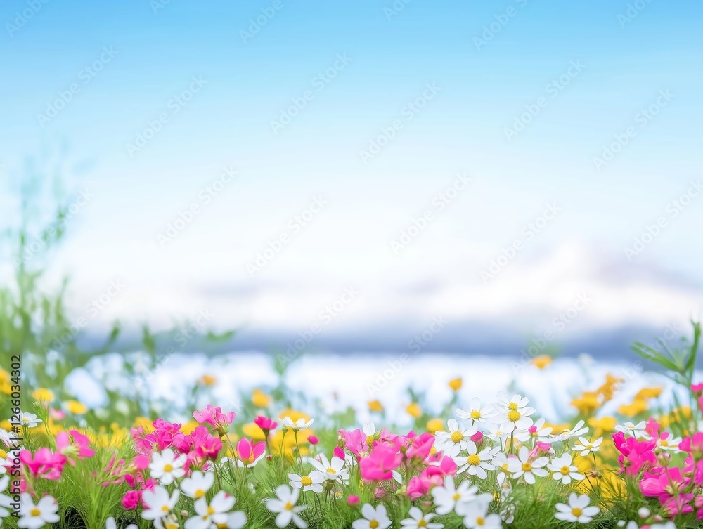 Colorful wildflowers blossoming in a vast alpine meadow during a sunny spring day, creating a vibrant and idyllic natural scene with distant mountains and blue sky Colorful wildflowers blossoming in a vast alpine meadow during a sunny spring day, creating a vibrant and idyllic natural scene with distant mountains and blue sky