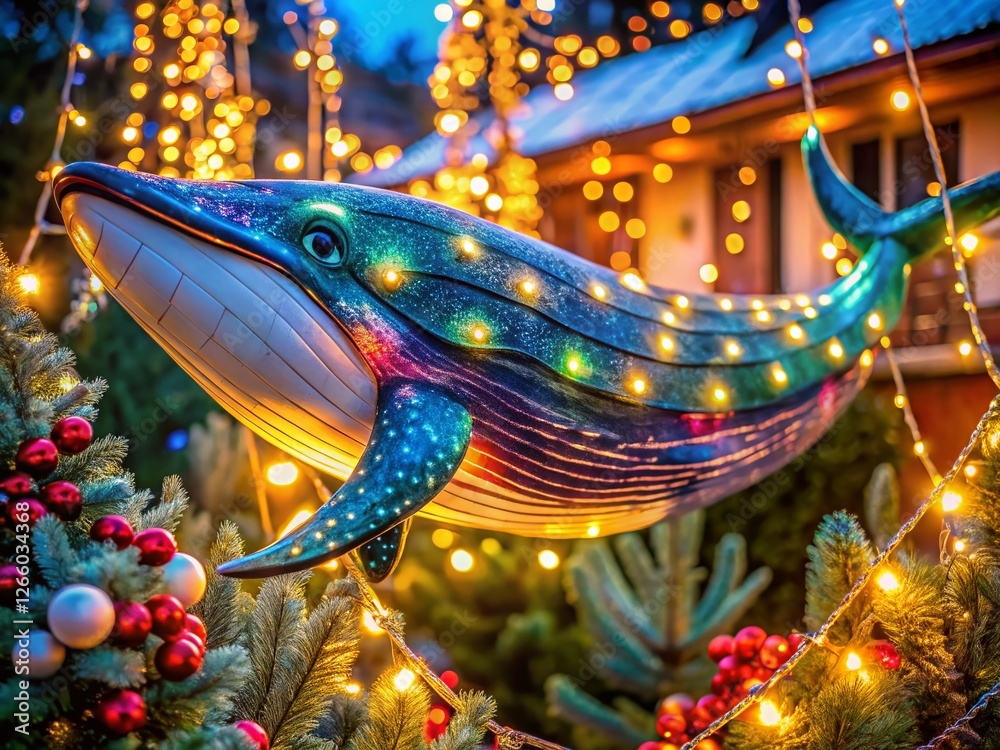 Fototapeta premium Playful Coastal Whale Holiday Lights Portrait - Festive Ocean Decor