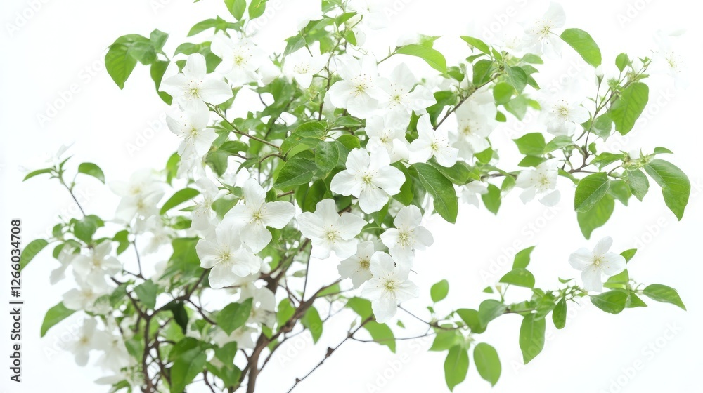 A lush night-flowering jasmine harsingar tree with tiny white flowers, against a white background. No people, no text. A lush night-flowering jasmine harsingar tree with tiny white flowers, against a white background. No people, no text.
