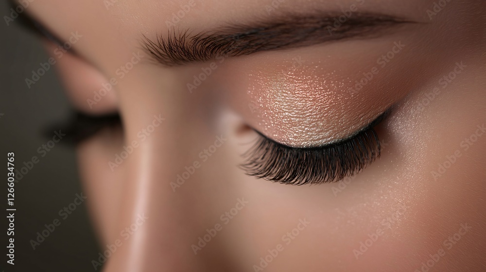 Fototapeta premium Enhancing Beauty: A close-up view of an eye, featuring voluminous lashes and a shimmery eyeshadow, accentuating the natural beauty of the delicate features.