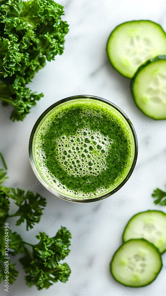 Green juice blend of kale spinach and celery in a clear glass with cucumber slices and parsley nearby on a white marble table Green juice blend of kale spinach and celery in a clear glass with cucumber slices and parsley nearby on a white marble table