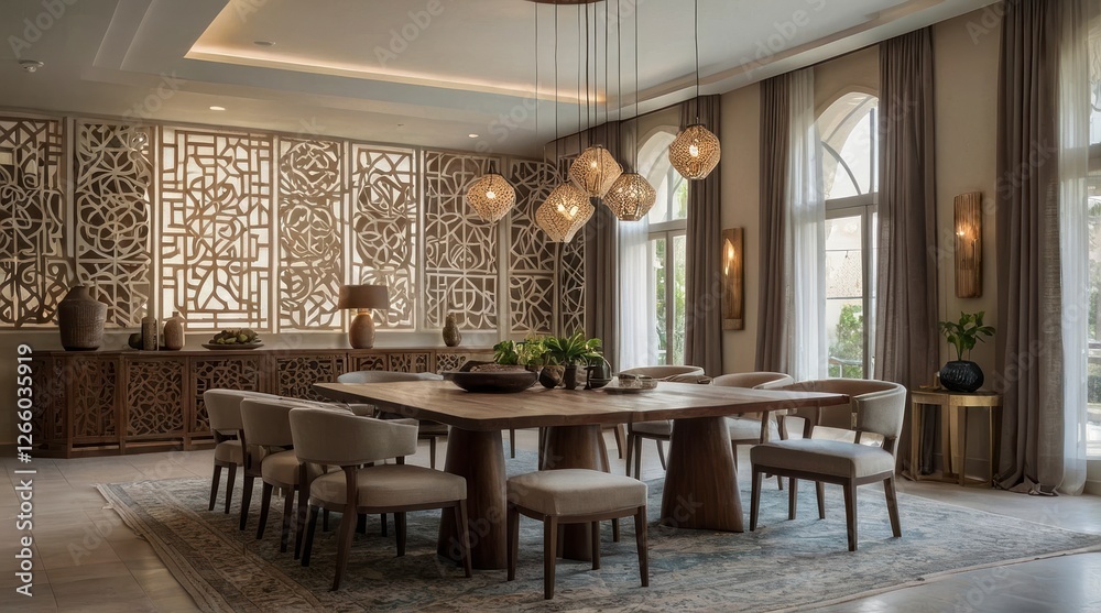 Fototapeta premium Elegant Modern Dining Room with Intricate Wooden Screens