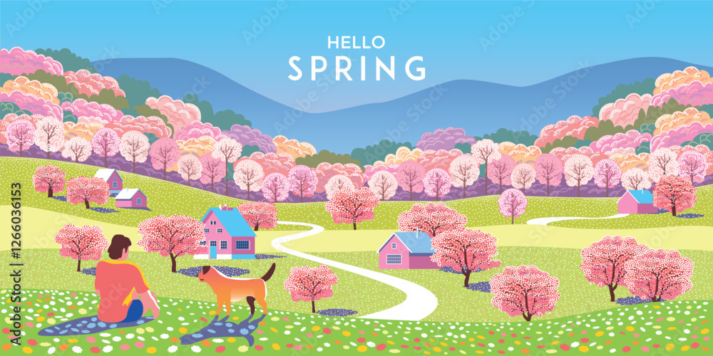 Hello, spring! Springtime's poster or banner. Vector illustration of nature, landscape, sakura or cherry blossom, park, trees, boy with a dog, fields and lawns. Handmade drawing doodle cartoon.