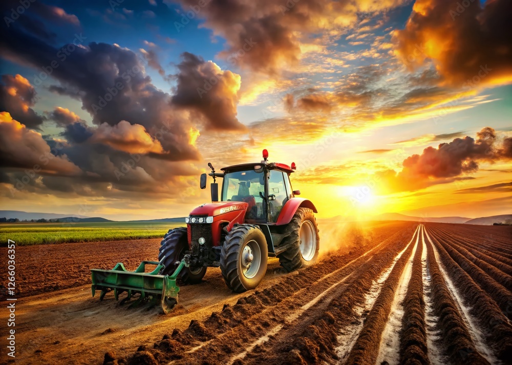 Obraz premium Powerful Crawler Tractor Plowing a Lush Green Field at Sunrise - Agricultural Machinery Stock Photo