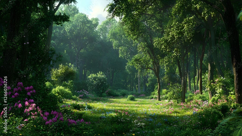 Fototapeta premium Lush Green Forest with Sunlight Dappled Meadow