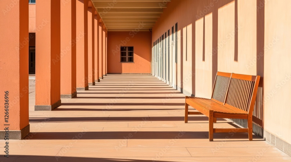 Fototapeta premium Empty Colonnade With Wooden Bench In Sunlight