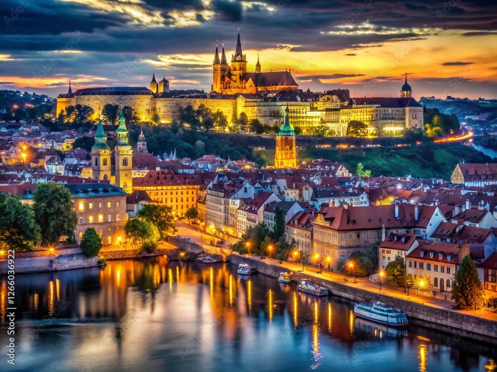 Fototapeta premium Prague Castle Night View: Majestic Panorama of Illuminated Cityscape