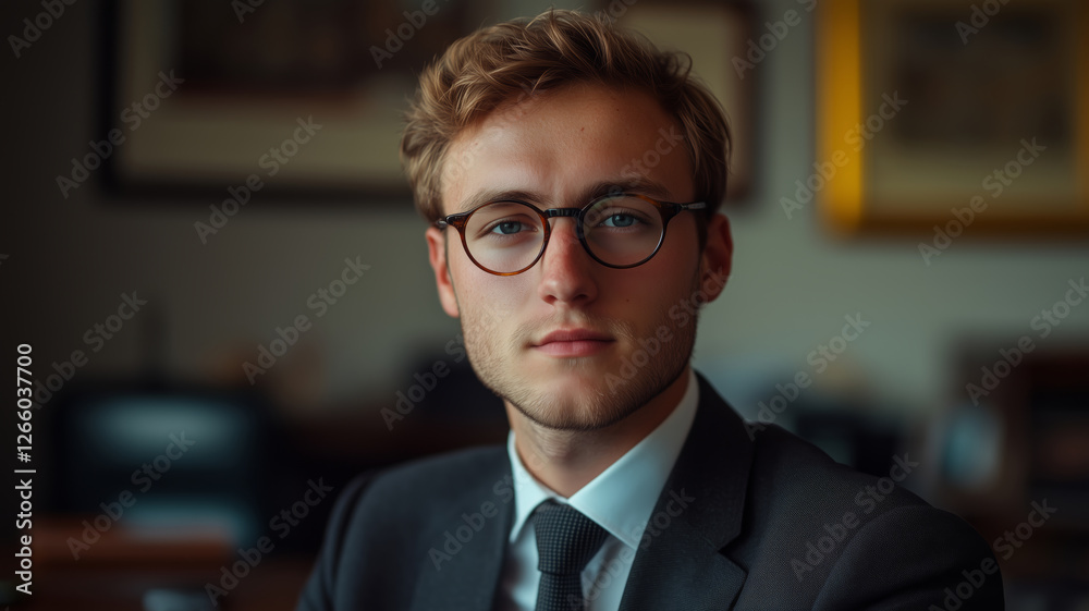 Confident young businessman in an office setting exuding professionalism