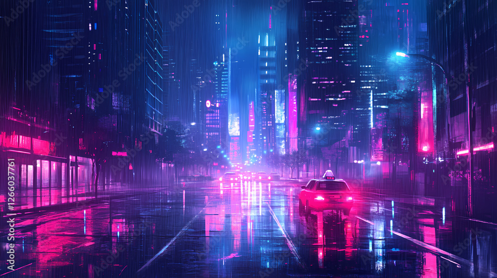 Dimly lit cityscape at midnight, neon lights reflecting off wet pavement, with empty streets and skyscrapers towering. Haunted Neon Streets. Illustration Dimly lit cityscape at midnight, neon lights reflecting off wet pavement, with empty streets and skyscrapers towering. Haunted Neon Streets. Illustration