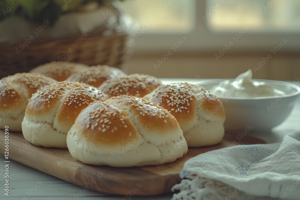 A close-up of freshly baked sesame buns on a wooden board with a bowl of cream. A close-up of freshly baked sesame buns on a wooden board with a bowl of cream.