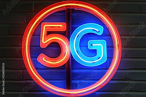 A vibrant neon sign displaying the 5G logo in red and blue against a brick wall. photo