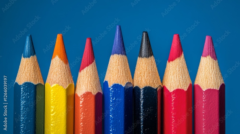A row of pencils with different colors and one of them is black A row of pencils with different colors and one of them is black