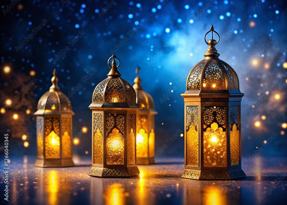 Fototapeta premium Ramadan Kareem: Panoramic Golden Lanterns & Festive Lights on Dark Blue