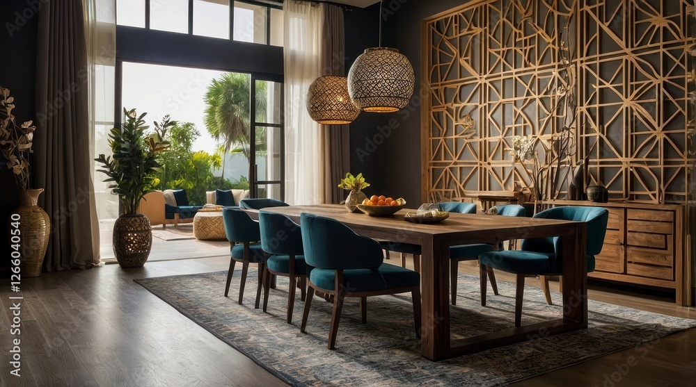 Fototapeta premium Modern Dining Room Design with Wooden Table and Teal Chairs