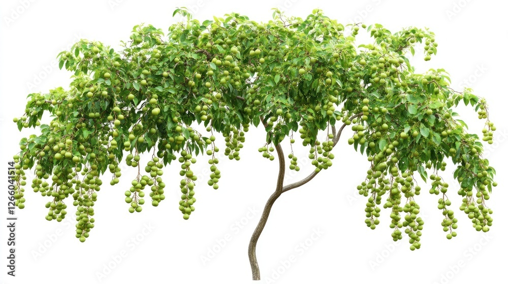 Fototapeta premium A strong Indian gooseberry amla tree with abundant small green fruits, isolated on a white background. No people, no text.