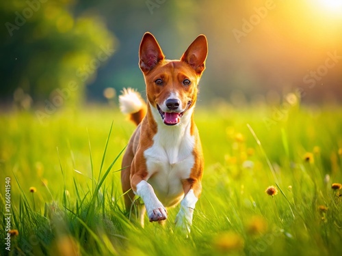 Red Basenji Dog Running in Summer Grass - Kongo Terrier Breed photo