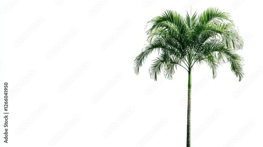 Fototapeta premium A tall betel nut tree with a slender trunk and feathery fronds, isolated on a white background. No people, no text.