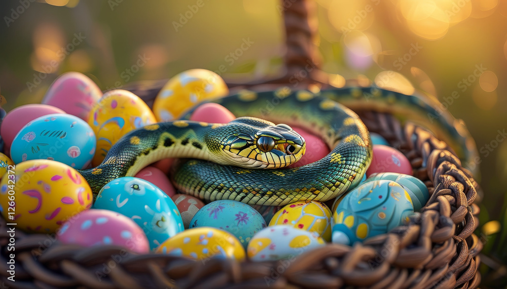 Easter celebration animal, cute easter snake in an easter basket full of colorful easter eggs, sunny spring time holiday, spring flower meadow, golden hour, easter nest Easter celebration animal, cute easter snake in an easter basket full of colorful easter eggs, sunny spring time holiday, spring flower meadow, golden hour, easter nest
