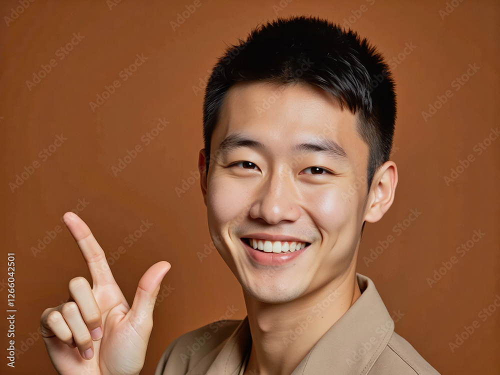 Vivid advertisement portrait photo: A man in a tan shirt making a peace sign with his fingers. Vivid advertisement portrait photo: A man in a tan shirt making a peace sign with his fingers.