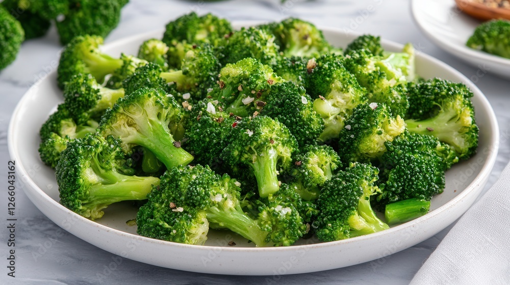 Tender steamed broccoli with creamy garlic sauce on an elegant plate garnished with herbs and pepper Tender steamed broccoli with creamy garlic sauce on an elegant plate garnished with herbs and pepper