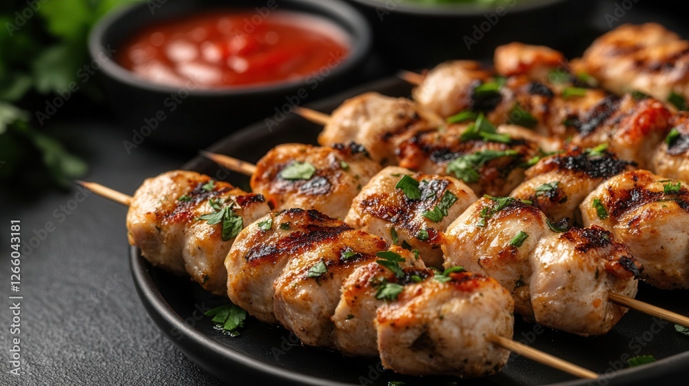 Grilled Thai-style chicken and vegetable kebabs served with spicy dipping sauce at a bustling street market Grilled Thai-style chicken and vegetable kebabs served with spicy dipping sauce at a bustling street market