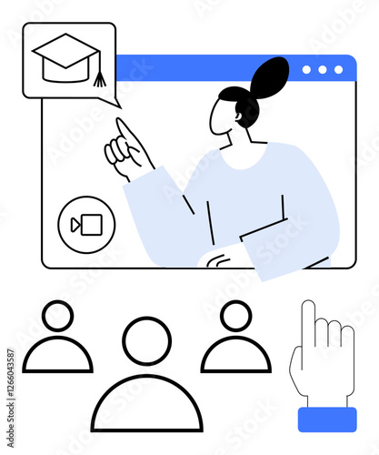 Instructor pointing to graduation cap in a video call window, with attendees and a hand gesture below. Ideal for e-learning, virtual classrooms, online training, knowledge sharing, distance learning