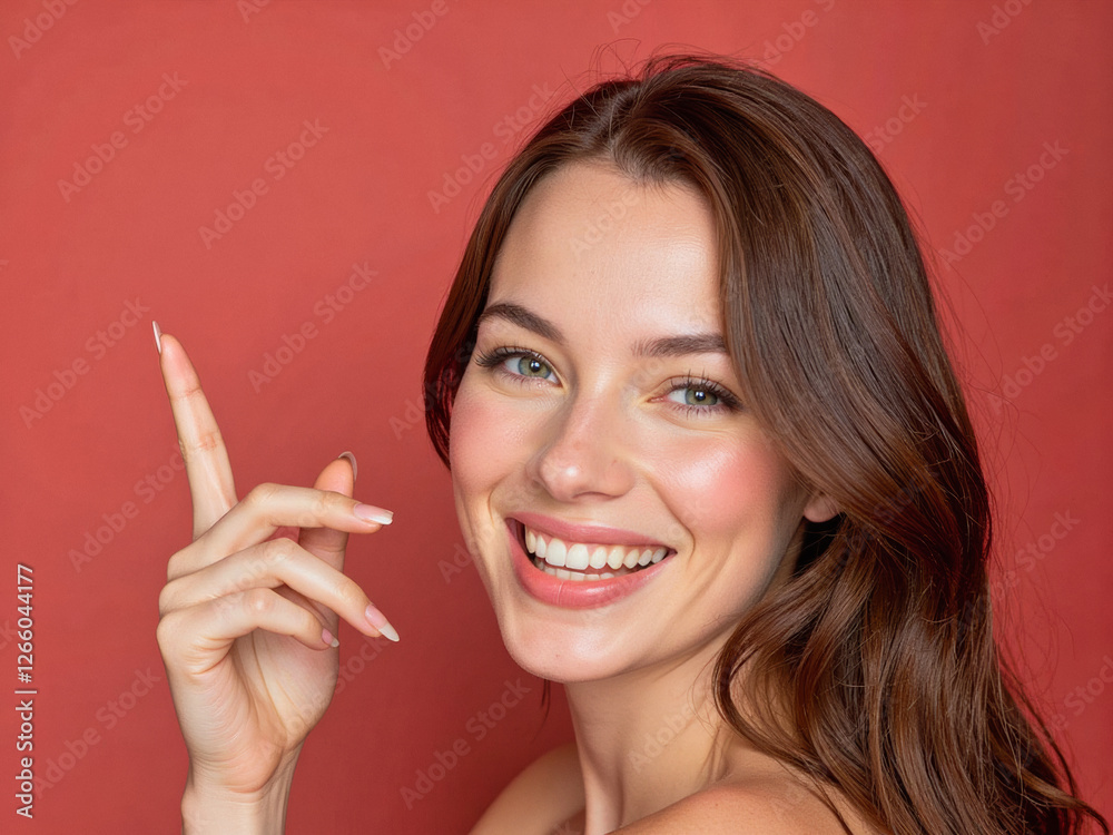 Vivid advertisement portrait photo: A woman with long brown hair pointing up at the camera. Vivid advertisement portrait photo: A woman with long brown hair pointing up at the camera.