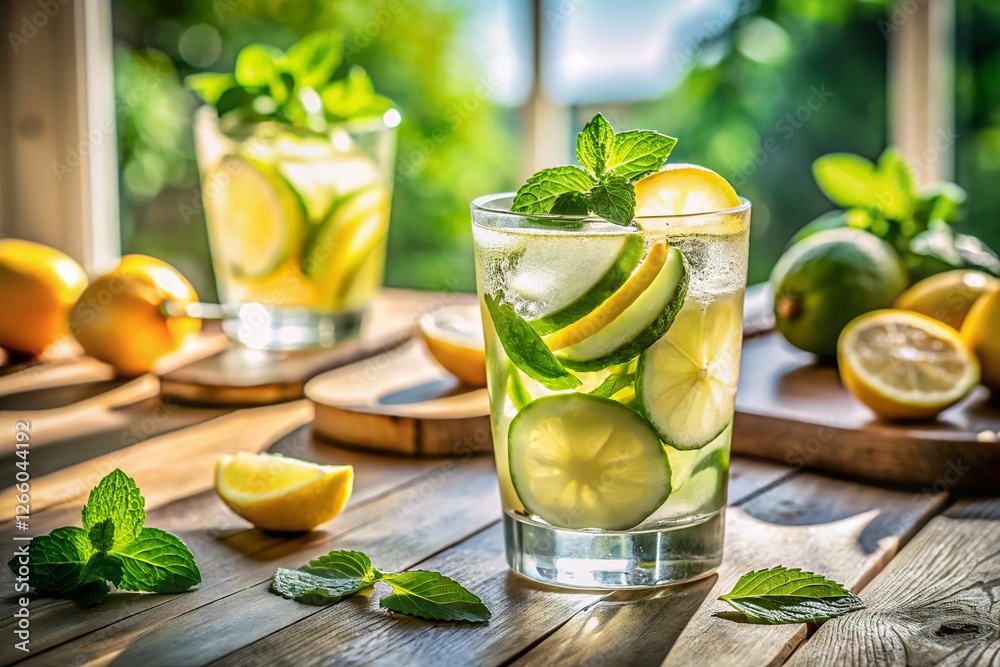 Fototapeta premium Refreshing Cucumber Lemon Mint Water with Ice - Candid Summer Drink Photography