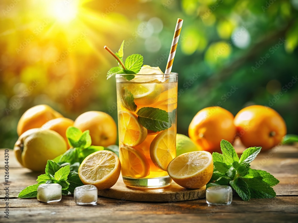 Fototapeta premium Refreshing Iced Lemon Tea with Mint: Double Exposure Stock Photo