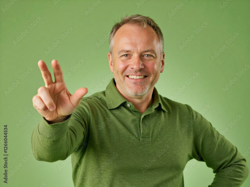 Vivid advertisement portrait photo: A man in a green shirt is making a peace sign. Vivid advertisement portrait photo: A man in a green shirt is making a peace sign.