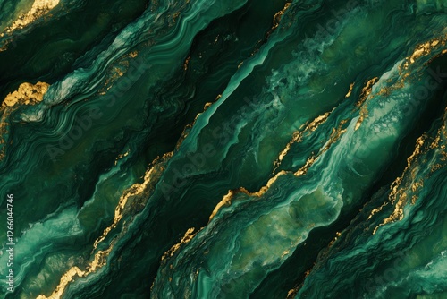 Seamless Malachite vibrant abstract background featuring swirling green and gold patterns, resembling natural stone or marble. The rich textures and colors create a luxurious and elegant appearance.