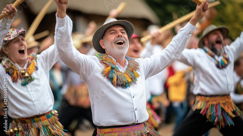 Morris dancers in white shirts and colorful belts joyfully raising arms and sticks during a traditional folk festival, celebrating English heritage and culture