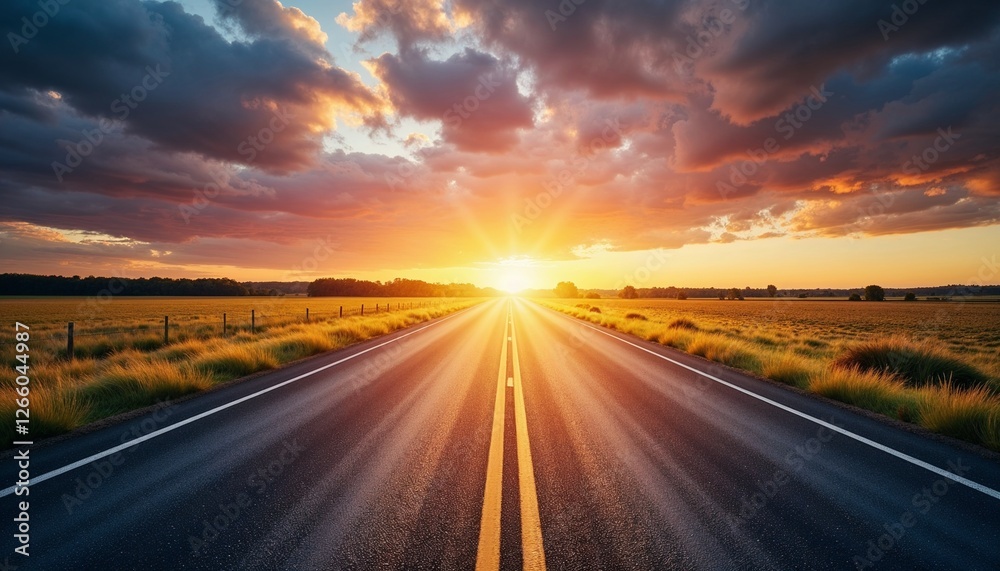 Straight open road leading to sunrise, symbolic journey towards success, highway with golden horizon and dramatic sky Straight open road leading to sunrise, symbolic journey towards success, highway with golden horizon and dramatic sky