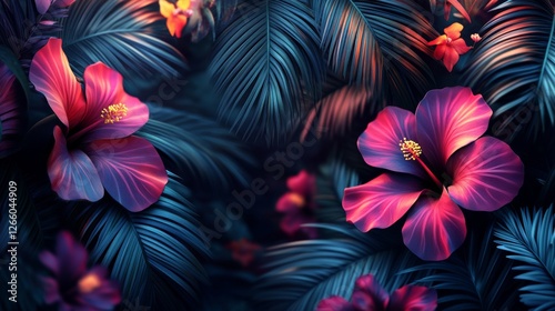 Exotic Hibiscus Flower Showcase, Vibrant Pink And Orange Petal, Tropical Palm Leaf Setting, Modern Botanical Concept, Dynamic Color Fusion, Decorative Art Element, Nature Inspiration