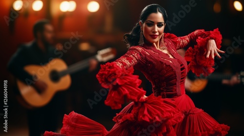 Passionate flamenco performer wearing vibrant red dress dancing intensely, accompanied by Spanish guitar musicians, expressing cultural rhythmic movement