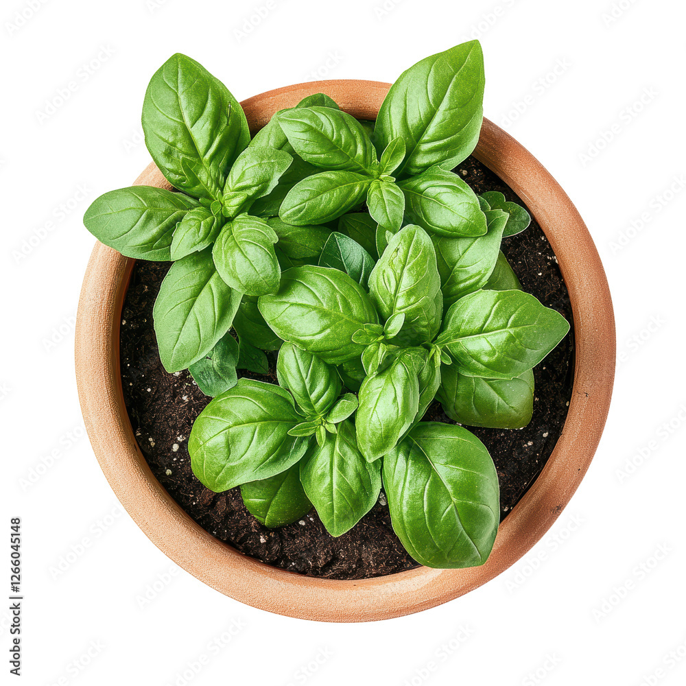 Isolated Top-View of Basil Plant in Clay Pot, Culinary Herb Isolated Top-View of Basil Plant in Clay Pot, Culinary Herb