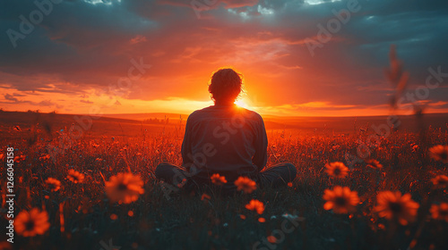 Man sitting, contemplating horizon, peaceful sky